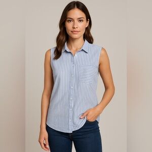 👚 Miss Posh Blue & White Stripe Sleeveless Button-Down Hi-Lo Top - Size Large